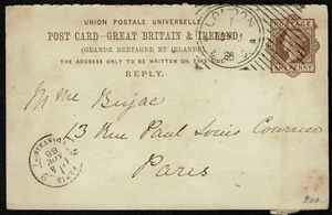 1886 Hoster Machine Fine Strike 1d Reply Postcard London to Paris - Picture 1 of 2