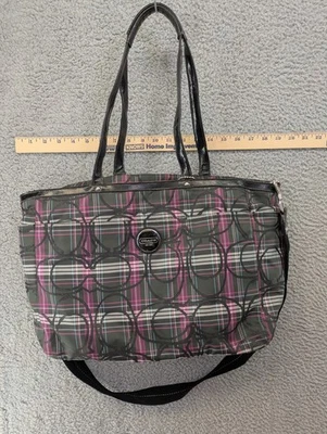 Coach Pink Plaid Nylon Tote Bag w/ Black Leather Trim & Adjustable Strap F17708 - Image 1 of 4
