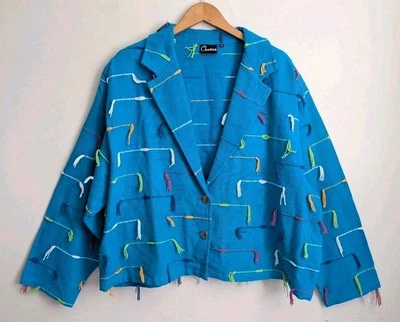 Vintage 90s Rainbow Fringe Jacket Concho Buttons Turquoise Cotton 3X Unique Plus - Image 1 of 4