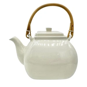 Pottery Barn Asian Square Teapot White Ceramic w Bamboo Handle Made In Japan - Picture 1 of 7