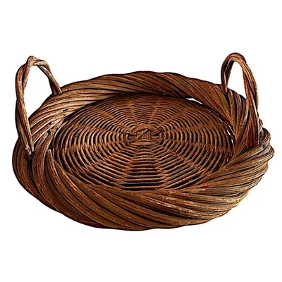Vintage Handmade Wicker Woven Basket Tray 14” Handles Farm Rustic Boho Decor - Image 1 of 4