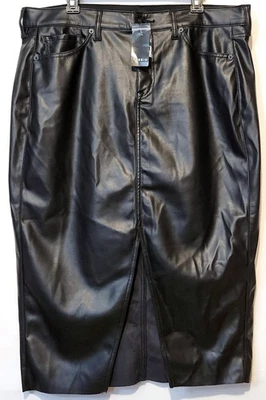 NUEVO CON ETIQUETAS Falda midi tórrida de cuero sintético con abertura frontal línea A 5 bolsillos negra profunda talla 18 Foto 1 de 4