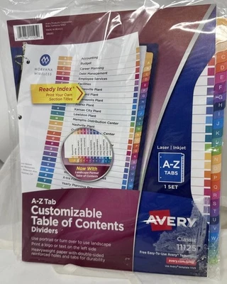 Avery Classic 11125 Customizable Table Of Contents Dividers (A to Z)- New - Image 1 of 4