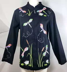 Quaker Factory Jacket -Size 1X - Black w/ Embroidered Dragonflies - Pockets - Picture 1 of 15
