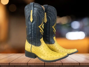 Narrow Square toe Ostrich (Yellow) Western Boots made by Cuadra Boots - Picture 1 of 8