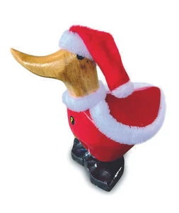 Diddy Waddling Duck w Santa Outfit - 14cm Teak Wooden Santa Christmas Ornament - Picture 1 of 6