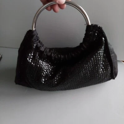 Vtg. Ladies - Giannini-Black Evening Shimmery Handbag with Round Metal Handles. - Image 1 of 4