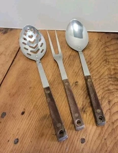 Cucharas para servir y tenedor de carne de acero inoxidable con casco de 12" vintage de 3 piezas - Imagen 1 de 5
