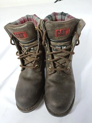 CAT WOMEN'S BROWN LEATHER BOOTS PLAID FABRIC ACCENT STEEL TOE RUBBER SOLE 6.5 M  - Image 1 of 4