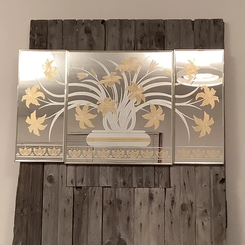 Vintage Ikebana Decorator Mirrors Triptych (Set Of 3) Gold Lacquer Flowers Cover
