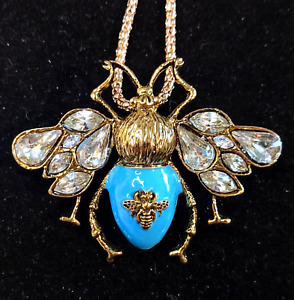 Stunning Blue Honey BUMBLE BEE Rhinestone Betsey Johnson Necklace Pendant Brooch