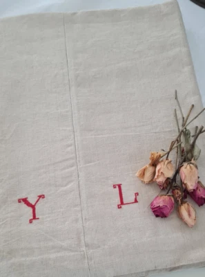 ANCIEN DRAP EN LIN CHANVRE DE COULEUR BEIGE  FONCE BI MONOGRAMME LETTRES - Photo 1/4