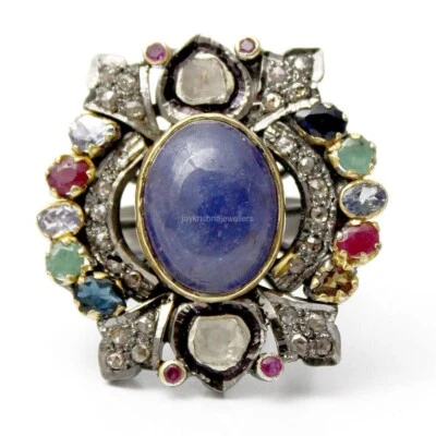 Blau Tansanit Blume Ring, 925 Silber Polki Diamant Rubin &emerald Mehrere Ring - Bild 1 von 4