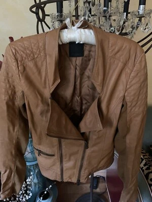 Luxury Design Pinko Soft Leather Cropped Jacket Golden Brown Double Zip Italy 8 - Изображение 1 из 4