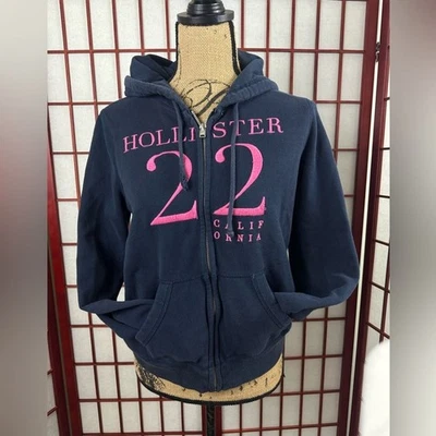Sudadera con Capucha Informal Y2K Hollister Azul Marino Rosa Letras Cremallera Completa Foto 1 de 4
