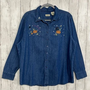 Camicia Classica Elementi Blu Denim Halloween Gatto Zucche Manica Lunga Bottoni - Foto 1 di 8