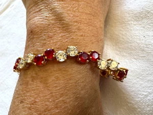 Suzanne Somers Gold Plated Tennis Bracelet Red Clear Crystals 925 Gold Vermeil - Picture 1 of 6