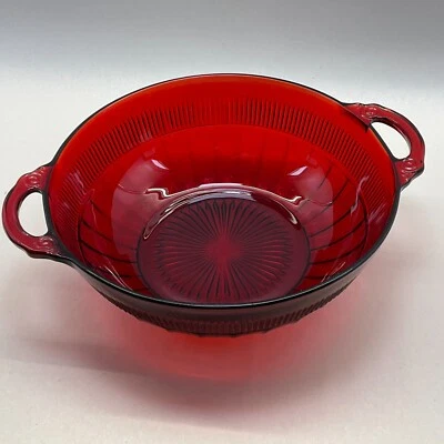 Anchor Hocking Ruby Red 8" Coronation Glass Bowl w/handles Vintage 1936-1940 - Image 1 of 4