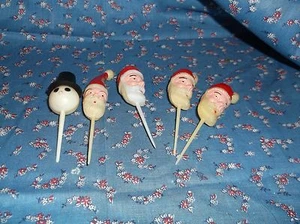 Vintage Christmas Five Plastic Christmas Pics Santa Snowman is 2 5/8 Inch High - Picture 1 of 2