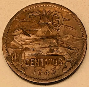 1943 MEXICO ESTADOS UNIDOS MEXICANOS 20 CENTAVOS BRONZE COIN KM# 439 - Picture 1 of 2