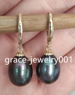 Stunning AAA+ natural 11-13MM south sea black baroque  pearl earrings 14K GOLD - Image 1 of 4