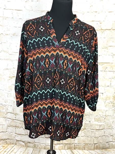 Cato Women's Size 22/24W Red Blue Aztec Stripe V Neck Pullover Blouse Semi Sheer - Picture 1 of 7