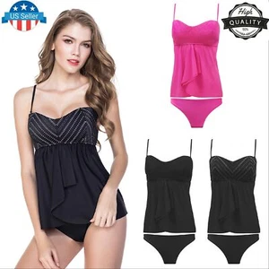 Women's Swimwear Leopard Lined up Tankini Double up Halter Top Bathing Suits - Picture 1 of 30