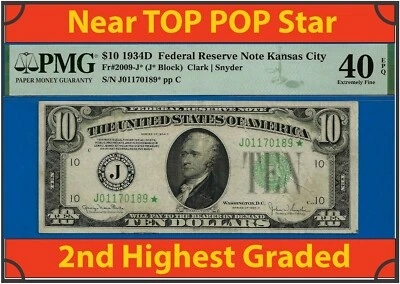 1934D $10 Federal Reserve Note PMG 35EPQ rare 3 known Kansas City star Fr 2009-J - Image 1 of 4