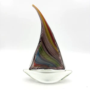 12" Vinci By Dynasty Gallery Hand Fused Art Glass Blue Pink Stripe Sailboat VTG - Picture 1 of 10