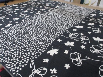100% SILK CREPE DE CHINE FABRIC PRINT Black/Offwhite Floral Remnant 54"W x 61"L - Image 1 of 4
