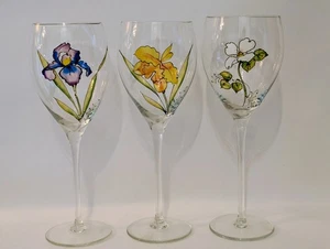 3er Set handbemalte Acryl Signiert Iris Floral Kristall Weingläser. 9 Zoll hoch - Bild 1 von 10