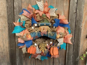 Scarecrow Burlap & Ribbon Wreath/Wall Hanging - New Handmade- Approx 19” x 5” - Picture 1 of 10