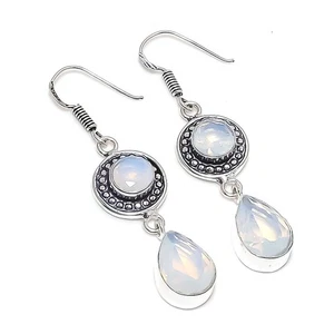 Fire Opal Gemstone Handmade 925 Sterling Silver Jewelry Earring Size 2.2" - Picture 1 of 1