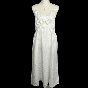The Drop Womens Smocked Linen Midi Dress Size L Cut Out V Neck White NWT Beachy - Picture 1 of 12
