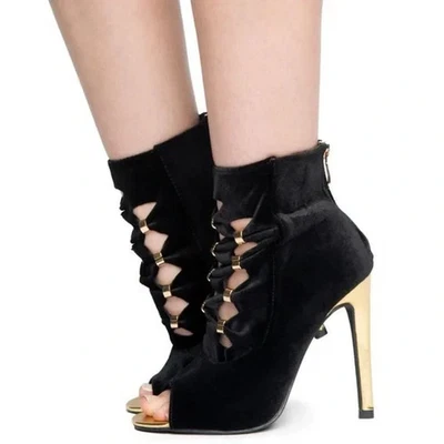 Cape Robbin Black Velvet Peep Toe Bootie Stiletto‎ Women’s 8 metallic gold - Image 1 of 4