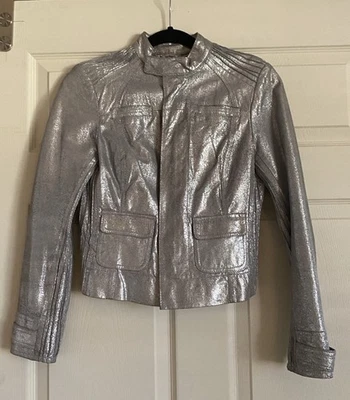 Jaqueta de motocicleta Bebe couro genuíno prata escovada Xs Ralph Lauren - Imagem 1 de 4