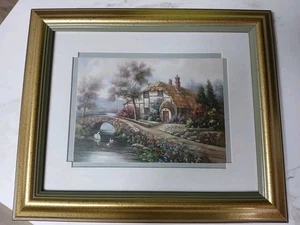 Carl Valente Print English Cottage Swans Double Matted Framed 12 X 10 - Picture 1 of 13