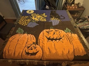 BEACON Vintage Halloween Pumpkin Cat Fringe Tapestry Throw Blanket 50x55 USA - Picture 1 of 11
