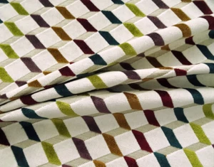 PREMIUM GEOMETRIC CUBE CUT VELVET BEIGE GREEN UPHOLSTERY FABRIC $18.99/YD 467FS - Picture 1 of 5