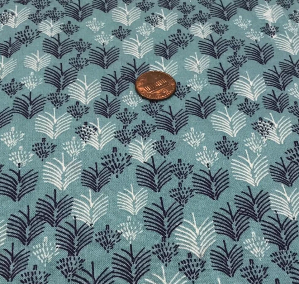 Brush-Like Trees * Navy & White * on Teal * JoAnn *100% Cotton Remnant* 8" x 22" - Image 1 of 4