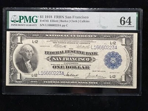 1918 FRBN $1 Note PMG Uncirculated CU64 (L- San Francisco) Bank Bill Rare - Picture 1 of 4