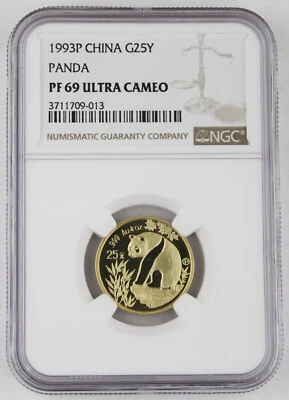 1993 P China 25 Yuan 1/4 oz 999 PROOF Gold Panda Coin NGC PF69 Ultra Cameo RARE - Image 1 of 4