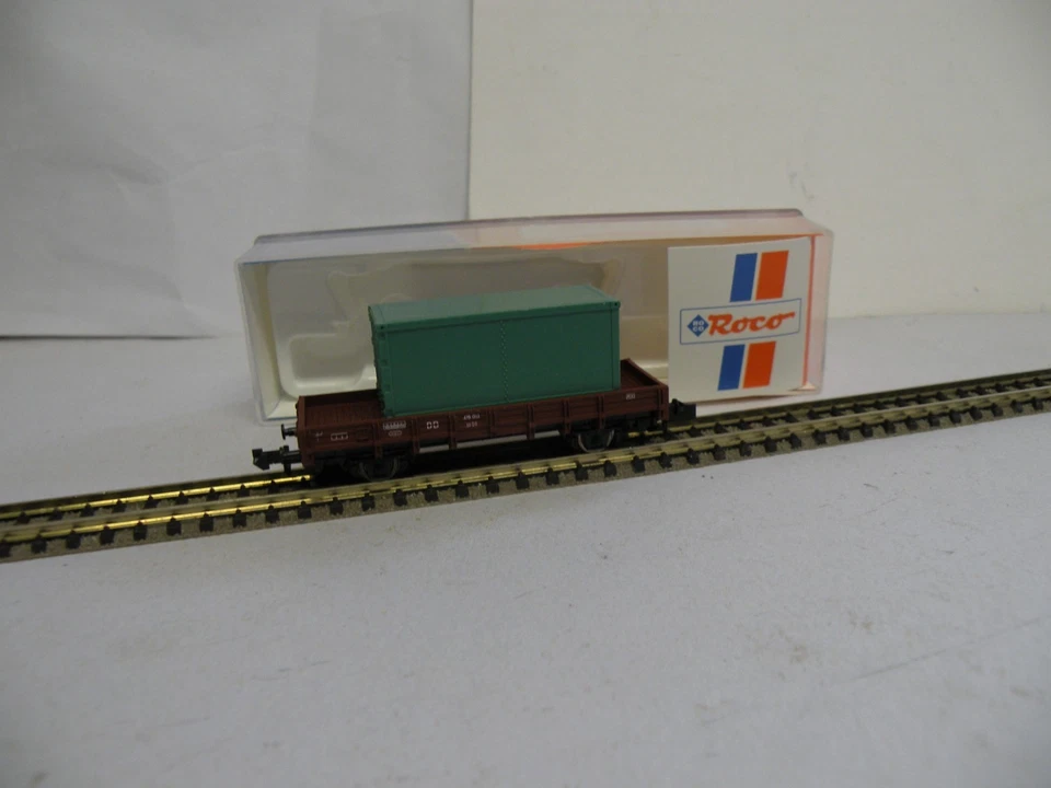 Roco SoSe typ. Niederbordwagen braun mit Bau - Container grün OVP TOP - Bild 1 von 1