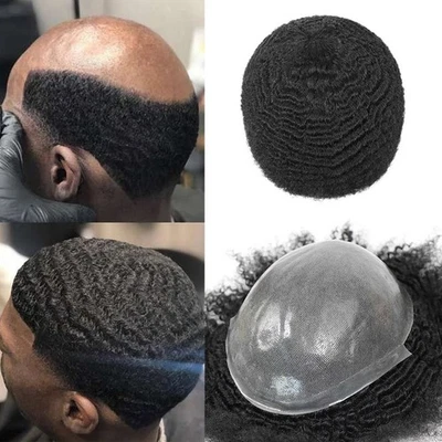 Tupé de cabello humano afro rizado para hombres piel delgada sistema completo de PU masculino africano Foto 1 de 4