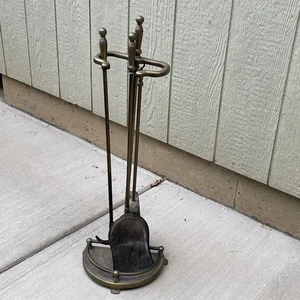 Fireplace Tool Set Brass + Base-,Shovel,Poker,Broom 4 Pieces Holiday Winter - Picture 1 of 10