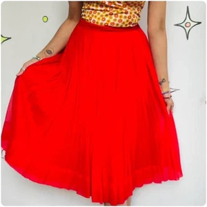 Vintage 50s 60s Bright Red Pleated Full Twirl Skirt Tulle Sheer Chiffon Layers S - Picture 1 of 6