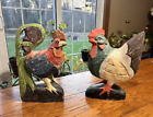 2 VINTAGE 10" WOODEN ROOSTER CHICKEN HAND CARVED PAINTED FOLK ART FARM DECOR