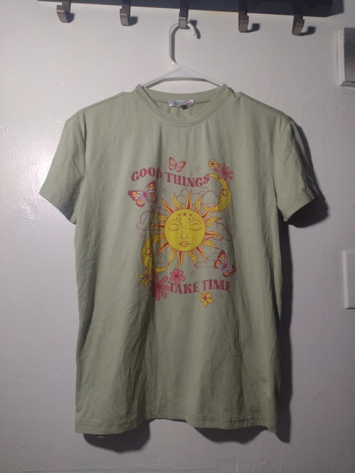 Stella Tweed Short Sleeve Shirt Girls Size 14, Green  " Good Things Take Time "  - Image 1 of 4