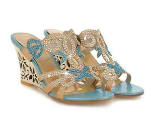 Bling Womens Rhinestones Sandals Slipper Mules Wedge Heel Hollow Out Roman Slide - Picture 1 of 10