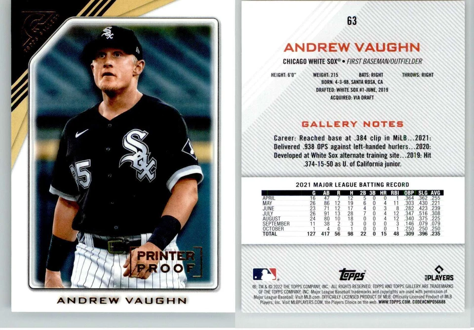 Andrew Vaughn 2022 Topps Gallery Printer Proof #63 White Sox - Image 1 of 1